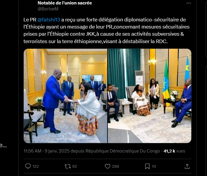 Capture d’écran prise sur X par Balobaki Check montrant Tshisekedi le 10 janvier 2025 à 15h43’ heure de Kinshasa. 