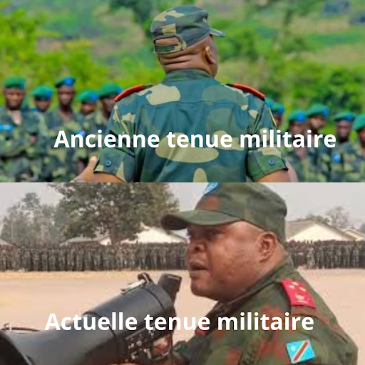 Collage faite par Balobaki le 25 janvier 2025 à 21 heures à 18 heures de Bunia, sur la première photo, c’est le gouverneur militaire de la province de l’Ituri Jonny Luboya N’kashama devant les troupes et sur la deuxième photo, le chef AMG/Logistique Sylvain Ekenge devant les troupes