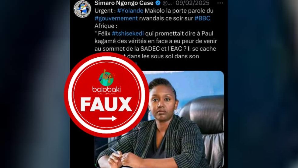 Capture d’écran de la publication qui fait l’objet de notre recherche. Par Balobaki Check, le 26 février 2025 ©️X  sur cette photo on voit la porte parole du Rwnada