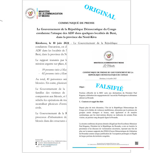 Comparaison entre un modèle original et falsifié du  communiqué officiel du gouvernement congolais Montage fait par Balobaki Check via PhotoGrid