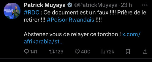 Capture d'écran d'un Tweet du ministre congolais de la Communication, Patrick Muyaya.