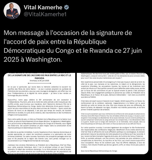 Capture d’écran du message authentique de vital kamerhe. Faite le 13 juillet 2025 ©️X