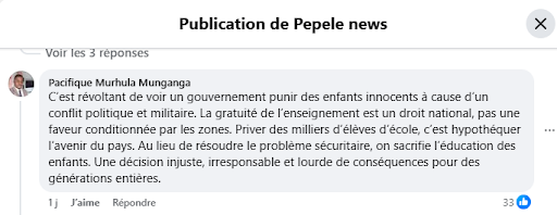 Capture d’écran d’un commentaire fait sur la page facebook de la page pepele news prise par Balobaki check jeudi 4 septembre 2025 à 9 heures 59 minutes 