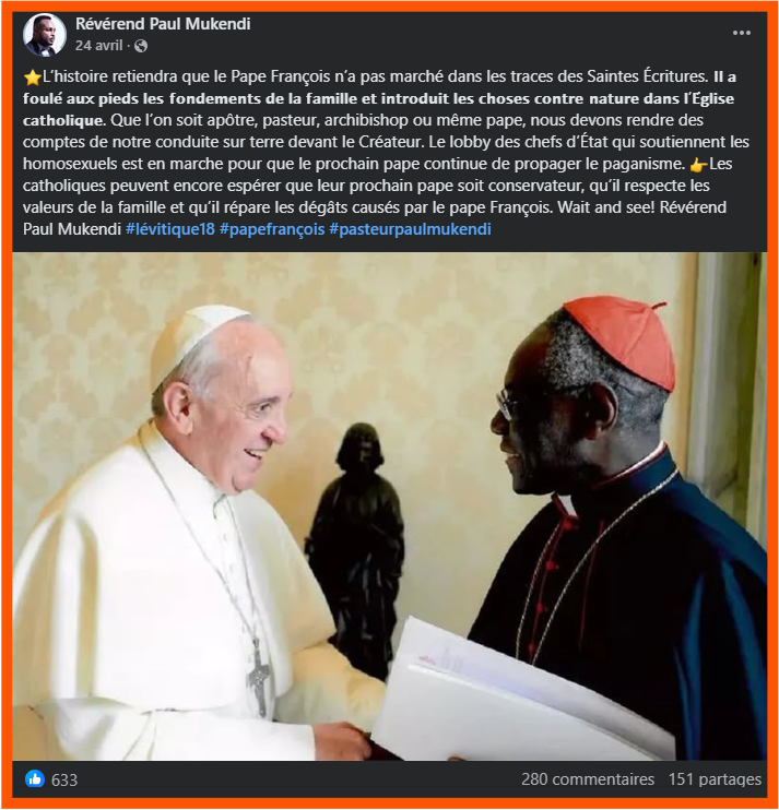 Capture d’écran de la publication du Révérend Paul Mukendi sur Facebook