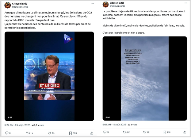 Capture d’écran des publications climato-sceptiques du compte X Citoyen initié