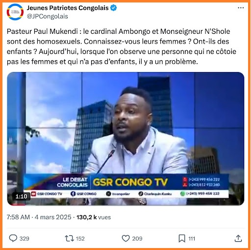 Capture d’écran de la vidéo du pasteur Paul Mukendi traitant les catholiques d’homosexuels