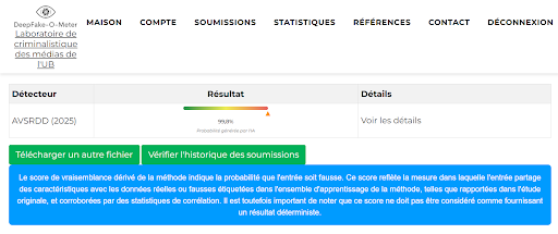 Capture d’écran prise sur DeepFake-O-Meter par BalobakiCheck le 23 septembre 2025, à 12h35’ de Kinshasa