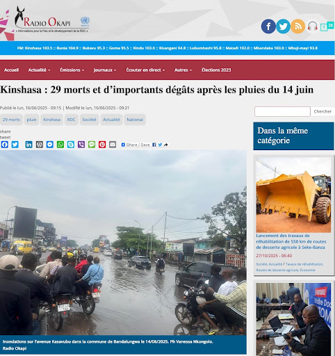 Capture d’écran de l’article de Radio Okapi sur les dégâts causés par la pluie diluvienne de juin 2025