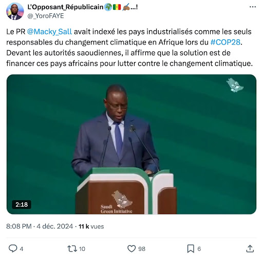 Capture d’écran d’une ancienne vidéo dans laquelle l’ancien président du Sénégal Macky Sall appelait à la responsabilité climatique
