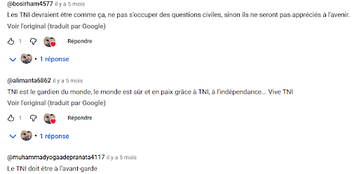 Capture d'écran de quelques commentaires traduits automatiquement via Google de la langue indonésienne en français. 