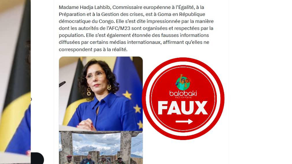Les propos prêtés à la commissaire européenne Hadja Lahbib célébrant « la bonne gouvernance à Goma » sont « infondées », Balobaki n’a trouvé aucune preuve de ces allégations