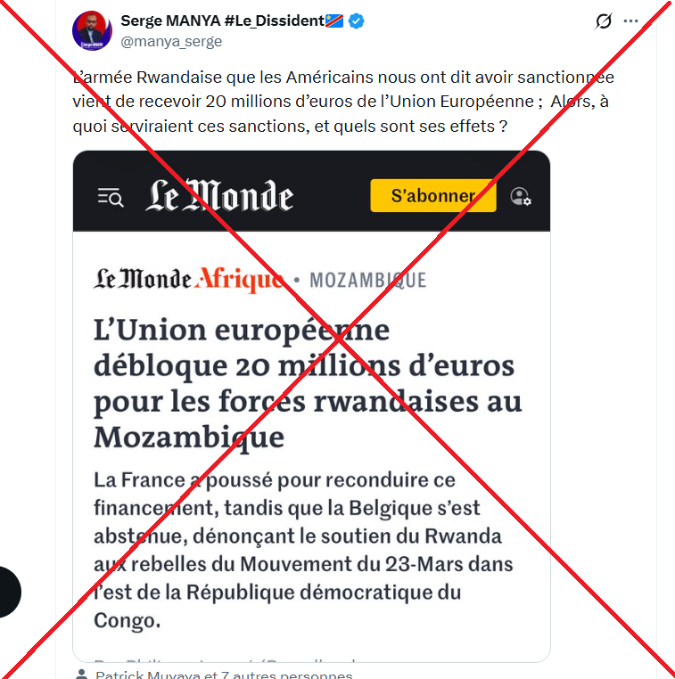 Capture d'écran de la publication sur X qui affirme que le Rwanda a reçu 20 millions d'euros de l'Union européenne en 2026.